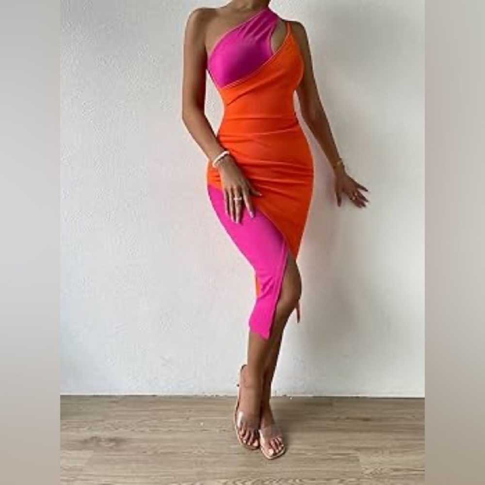 SHEIN One Shoulder Pink and Orange Dress